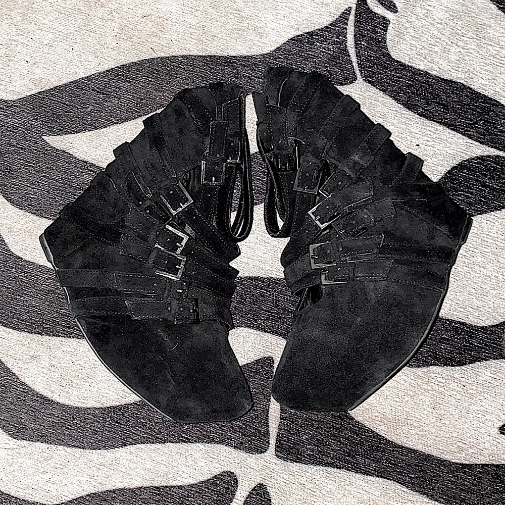 Jeffrey Campbell buckel suede wedges goth alt platform